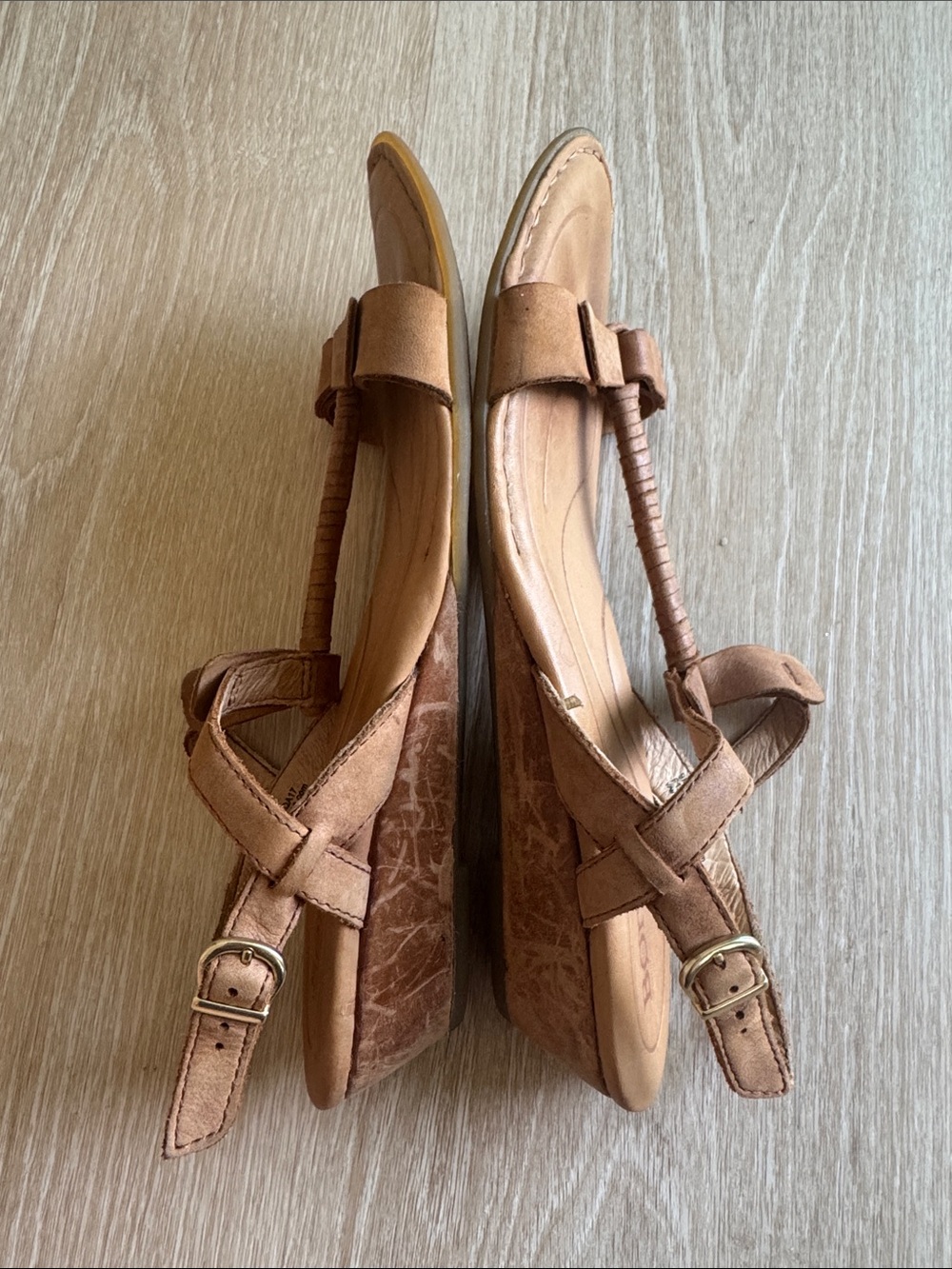 Born Brown Leather T-Strap Sandals with Buckle - Picture 3 of 4